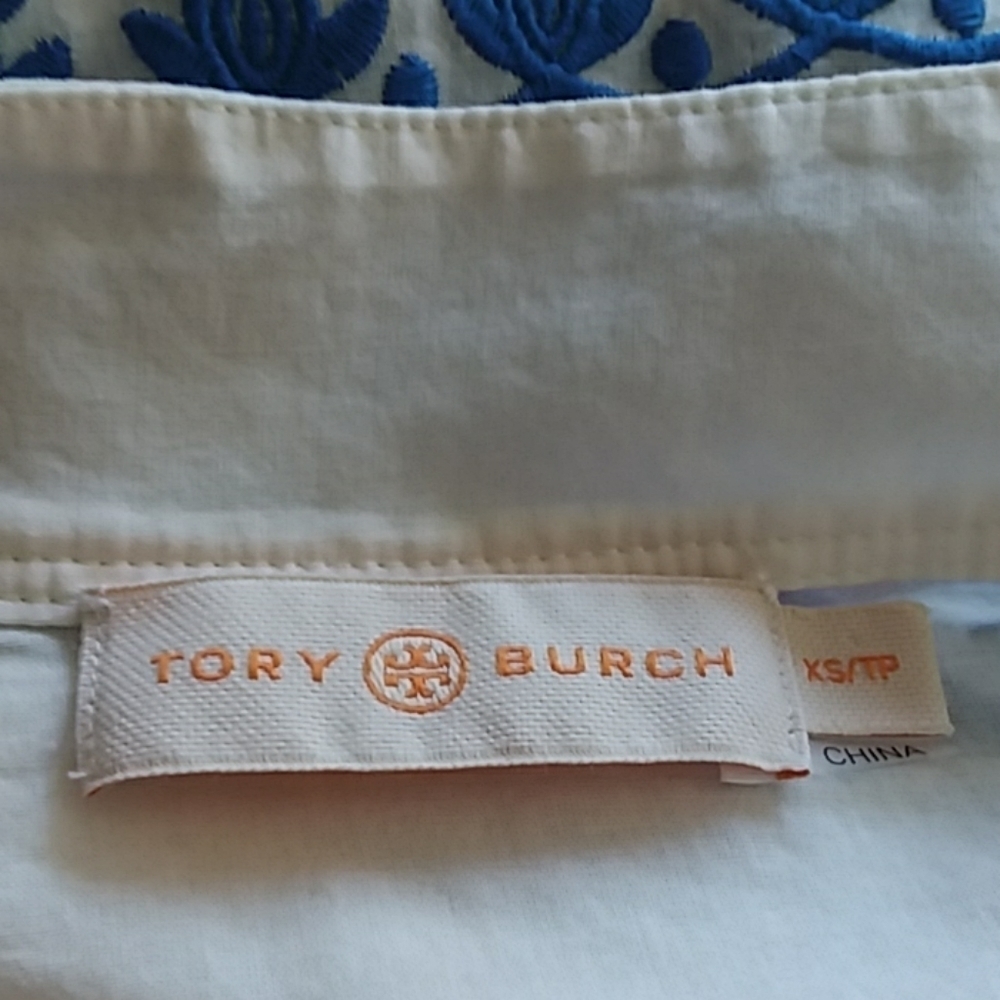 Tory Burch blue white boho peasant v-neck blouse - Picture 5 of 8